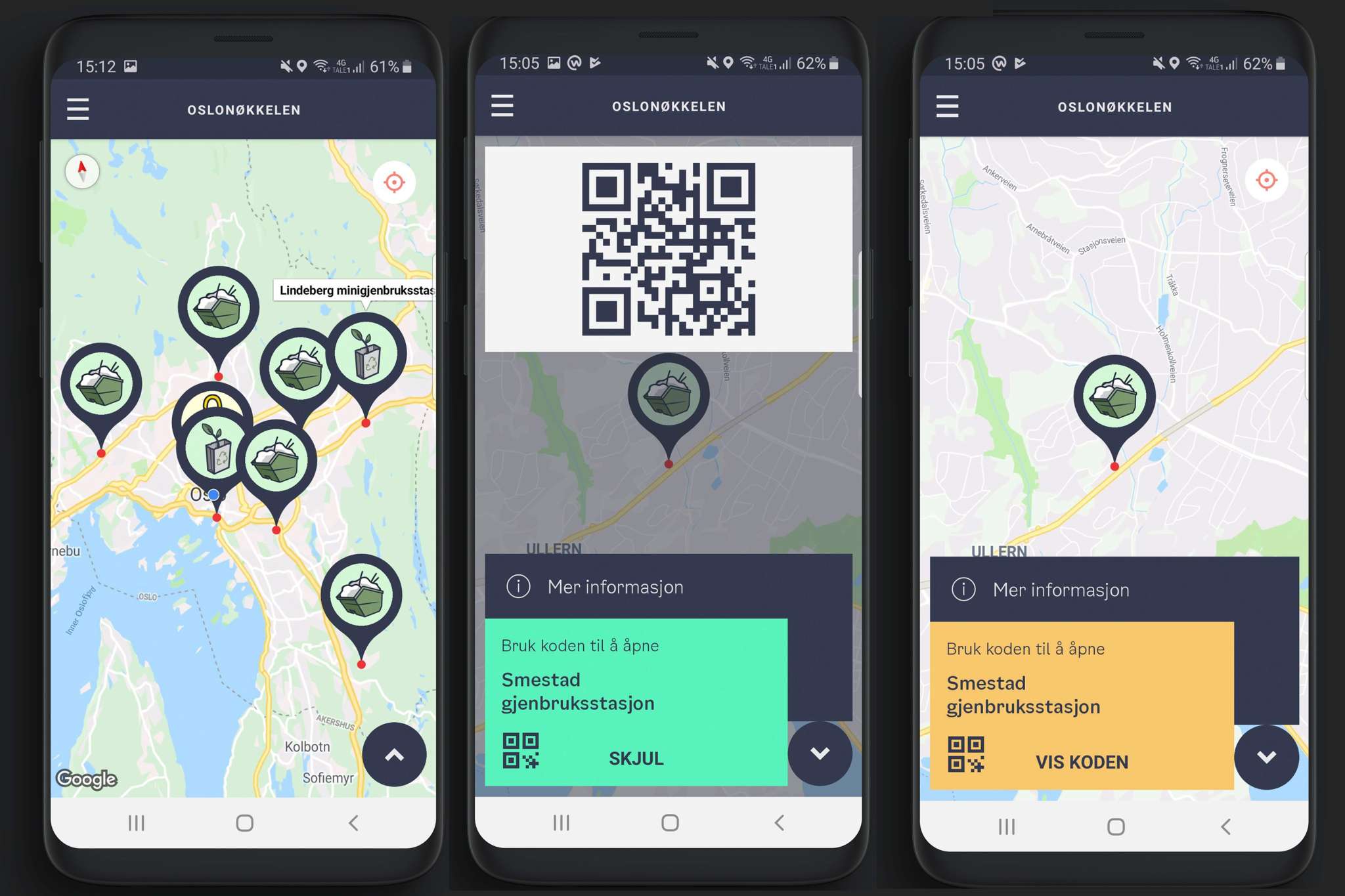 Bilder av appen Oslonøkkelen på en mobiltelefon. Skjermdumper