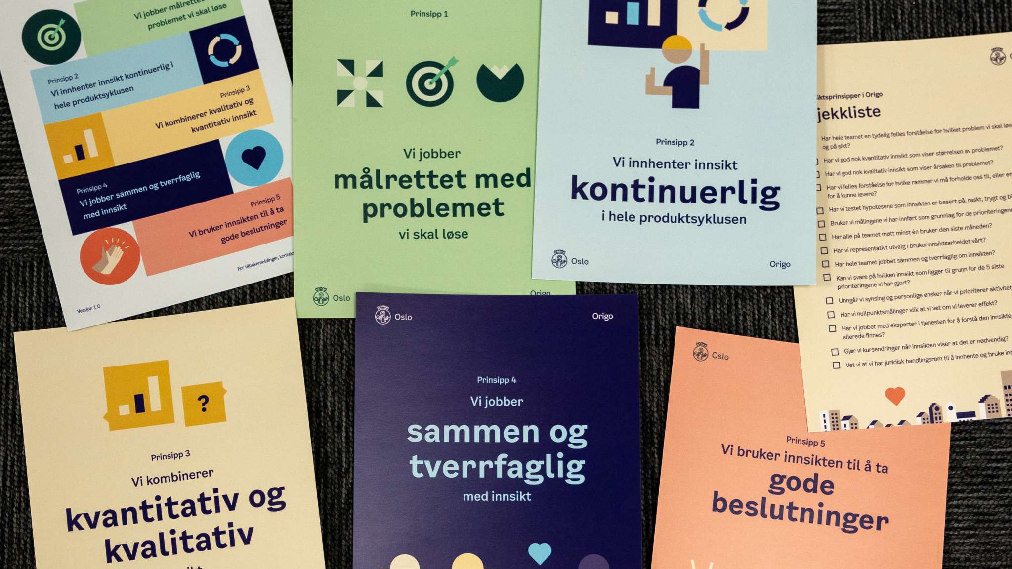 7 små plakater eller "innsiktskort" som informerer om Oslo Origos innsiktsprinsipper