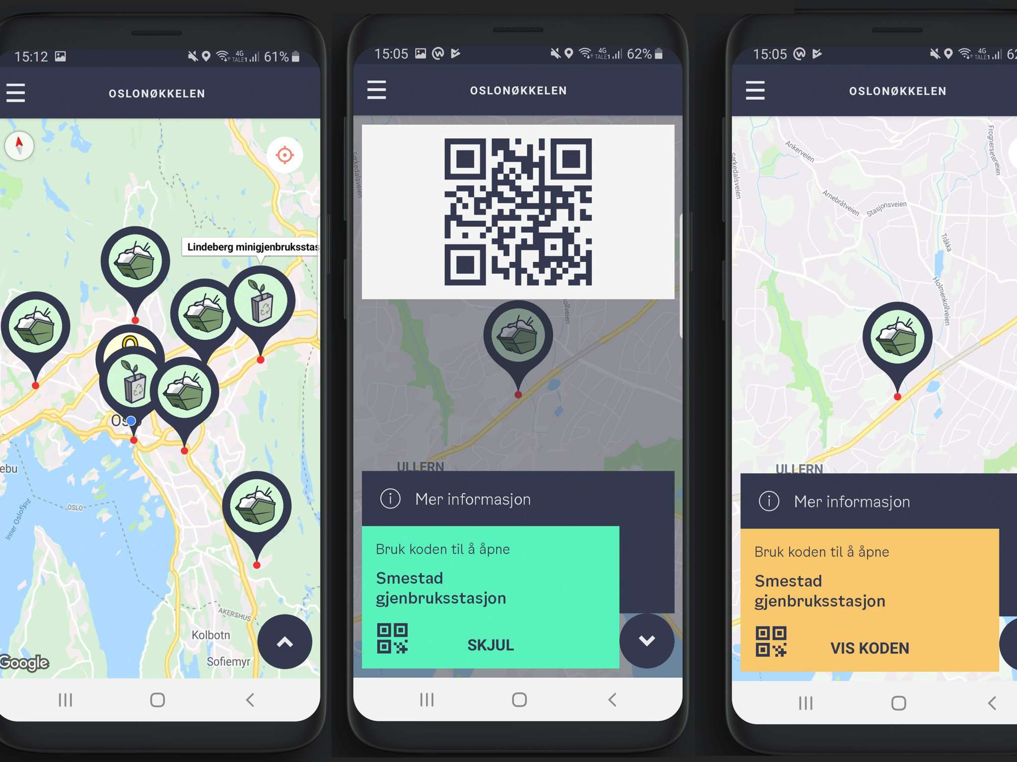 Bilder av appen Oslonøkkelen på en mobiltelefon. Skjermdumper