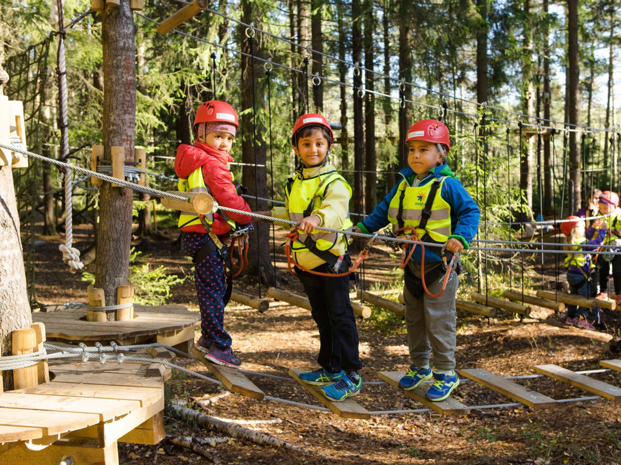 Barnehagebarn leker på taubro i klatrepark. Foto