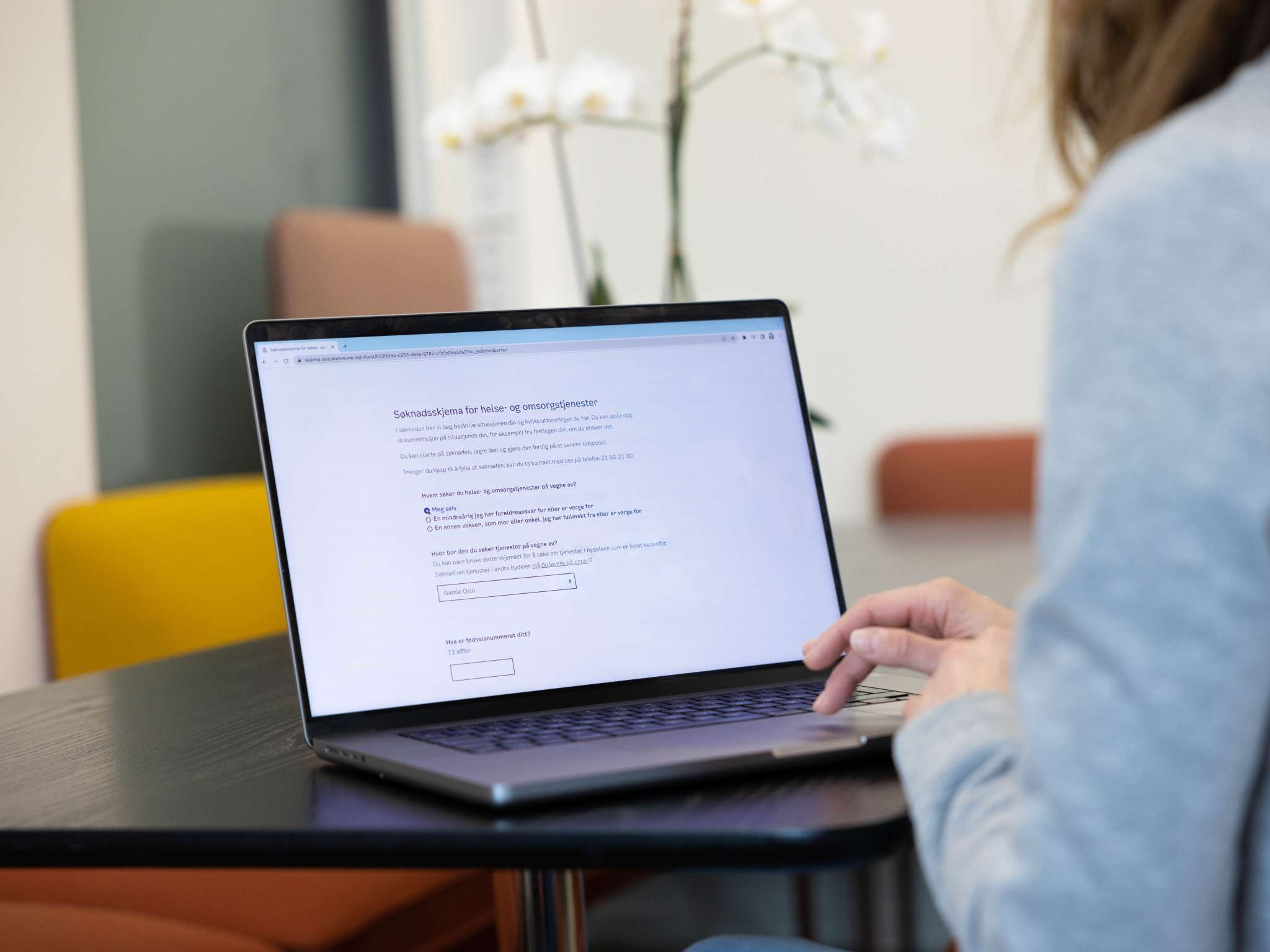 Person sitter foran skjerm som viser digital søknad, foto