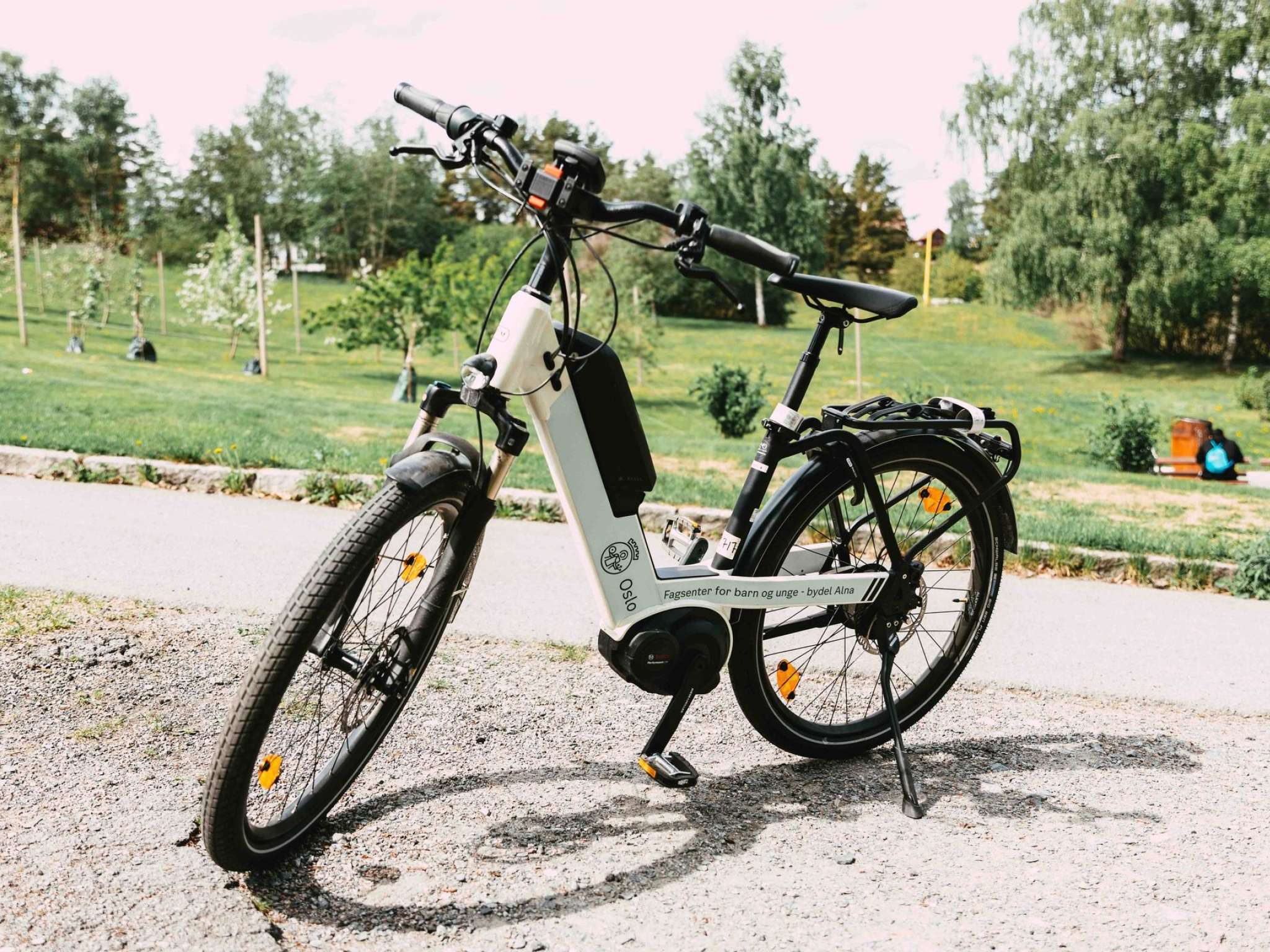 Elsykkel parkert ved en park. Foto