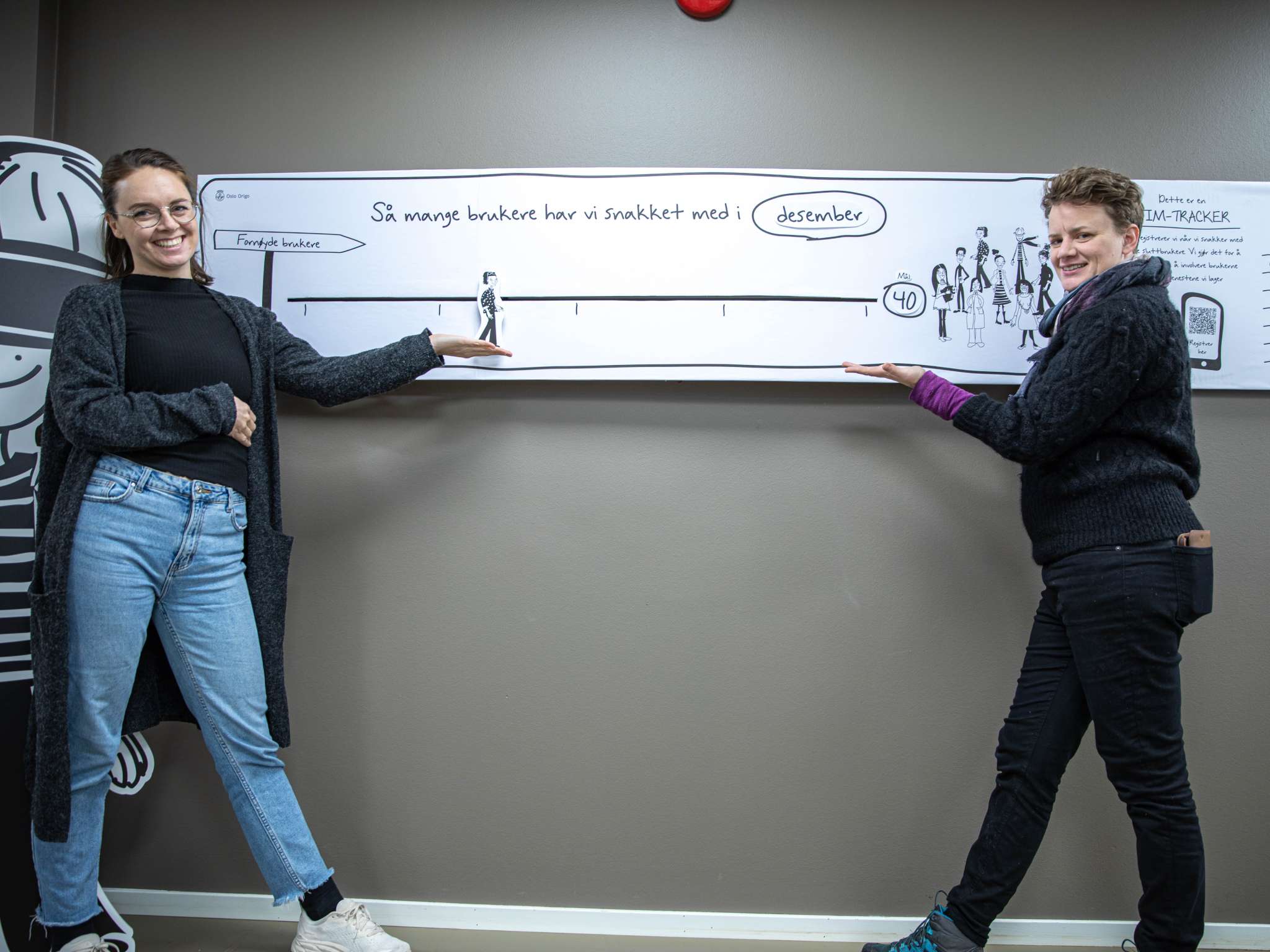 Ingvild og Marthe smiler foran Tim-trackeren hos Origo, foto