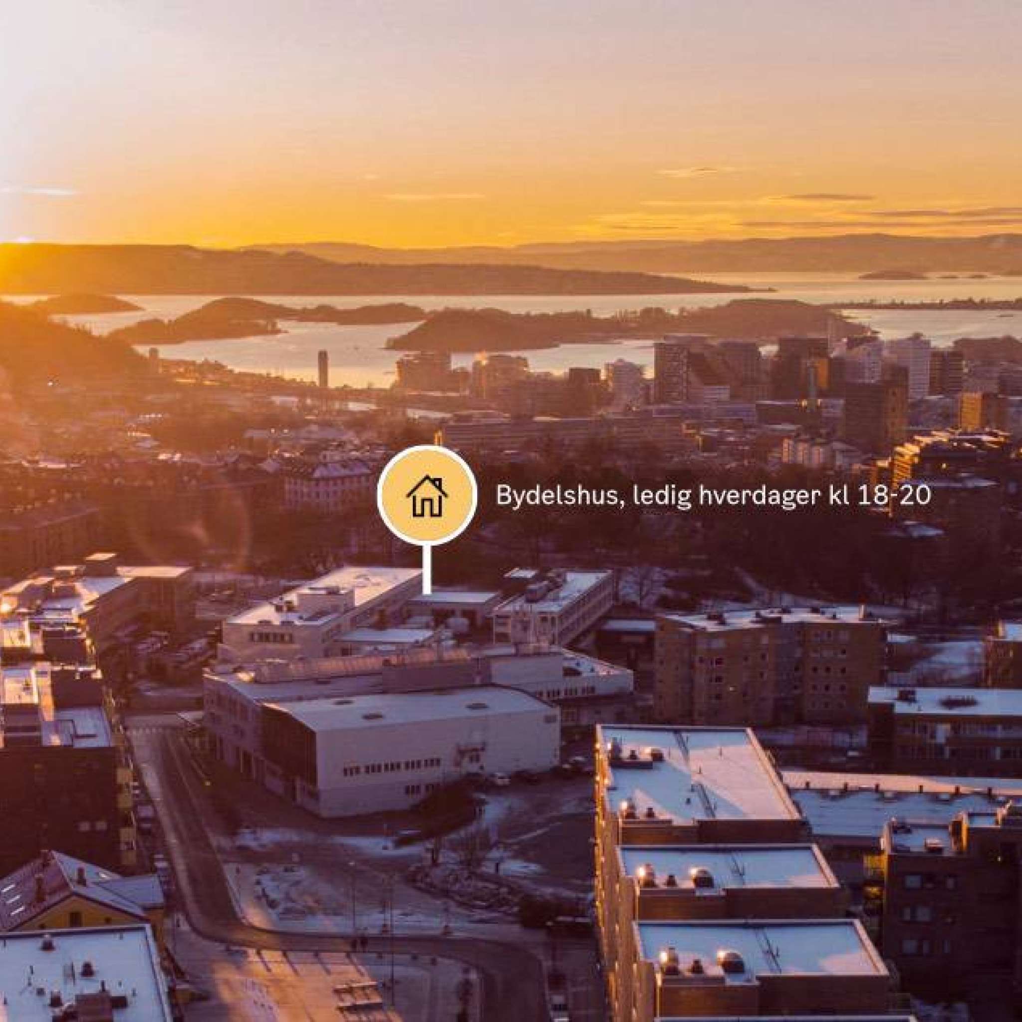 Solnedgang over by med kartmarkører: Gymsal ledig fredager, Bydelshus. ledig hverdager kl 18-20, Vielse i Rådhuset, book her
