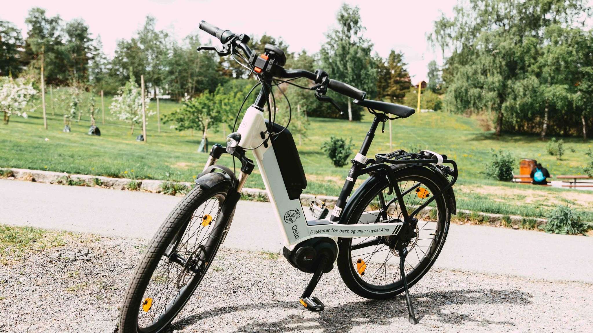 Elsykkel parkert ved en park. Foto